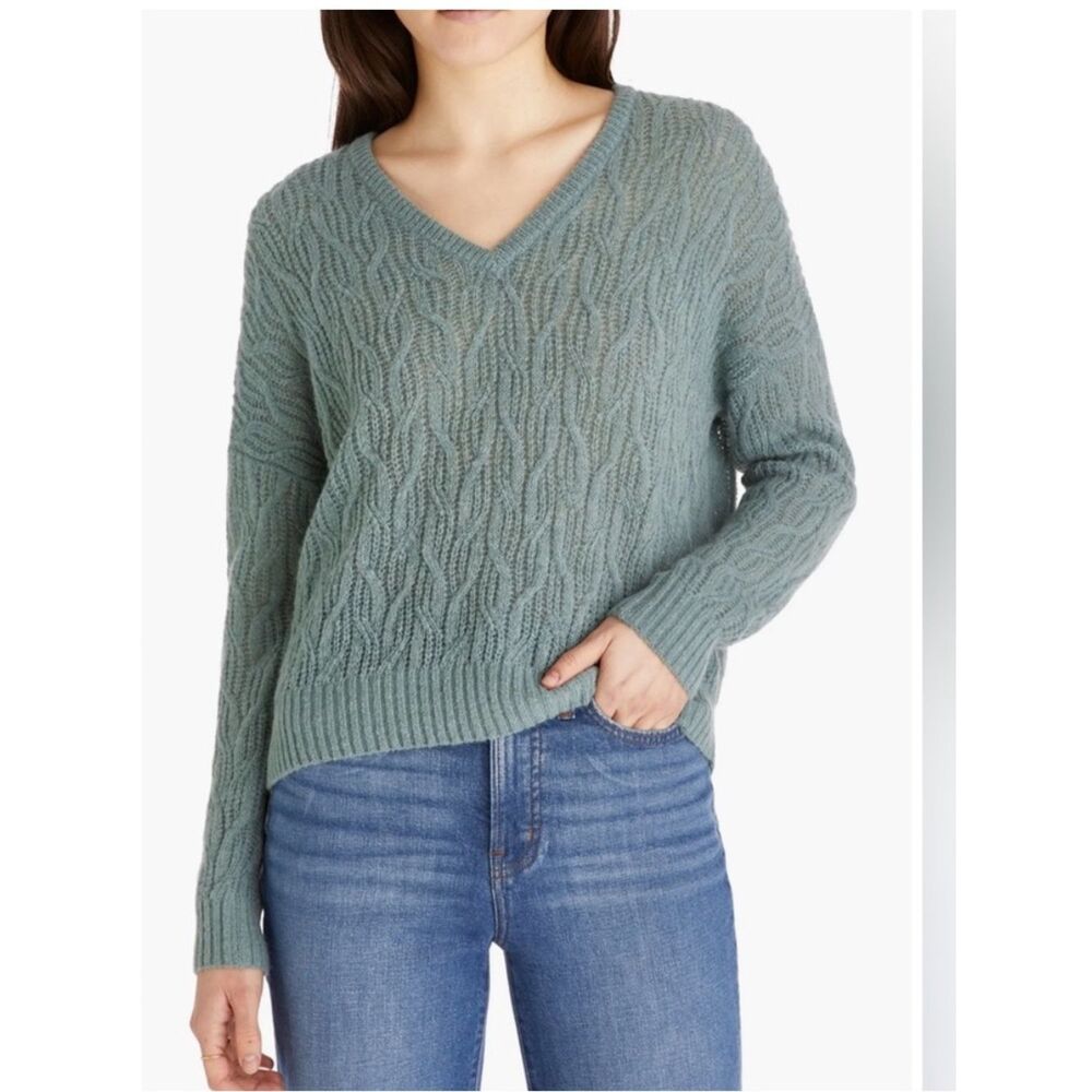 Madewell Alna V-Neck Sage Green Cable Fancy Knit Sweater Alpaca size Small